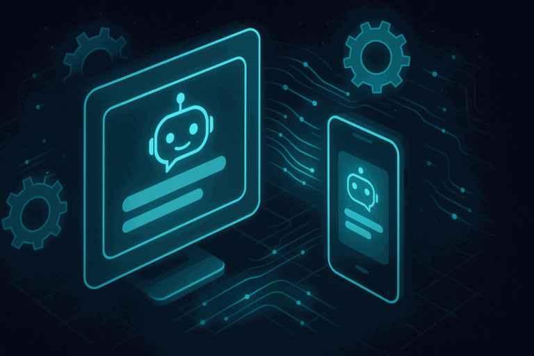 Smartphone zeigt Chatbot im Gespräch mit zufriedener Kundin am Laptop im Büro für chatbot marketing